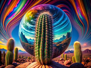 Surreal Distortion: Altered reality, distorted colors and shapes, cactus as a symbol of transformative experiences