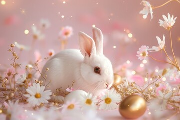 a white rabbit and spring flowers, light pink pastel background with gold Easter eggs. happy easter
