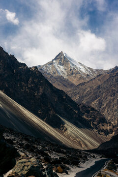 Road along the steep mountainside, Diskit - Turtuk Highway, Ladakh, India; Ladakh, India