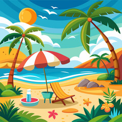 Obraz premium Tropical Beach Scene with Palm Trees, Umbrella, and Lounge Chair