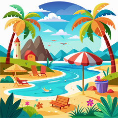 Obraz premium Idyllic Tropical Beach Scene with Palm Trees, Blue Water, and Sandy Shore