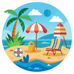 Obraz premium Beach Relaxation Scene with Palm Tree, Umbrella, and Deckchair