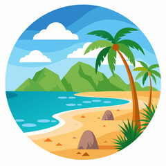 Fototapeta premium Tropical Beach Scene with Palm Trees, Blue Ocean, and Mountains