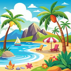 Obraz premium Tropical Beach Scene with Palm Trees, Mountains, and a Sailboat