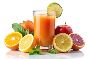 A refreshing glass of isolated juice, garnished with a slice of colorful fruit, sits alone on a clean white background, ready for consumption.