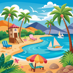 Obraz premium Tropical Beach with Palm Trees, a Small House, and Sailboats