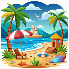 Obraz premium Idyllic Tropical Beach Scene with Palm Trees, Boat, and Beach Hut