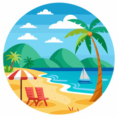 Obraz premium Tropical Beach with Palm Tree, Chairs, and Sailboat