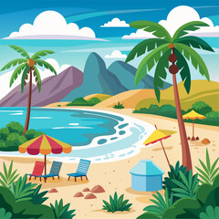 Obraz premium Tropical Beach Scene with Palm Trees, Blue Water, and Lounge Chairs