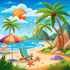 Obraz premium Relaxing Tropical Beach Scene with Palm Trees and Lounger