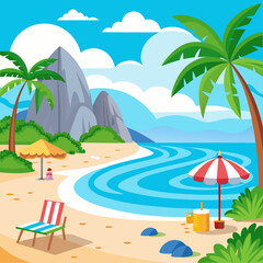 Obraz premium Tropical Beach Scene with Palm Trees, Umbrellas, and a Beach Chair