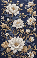 vintage royal navy blue with elegant white and gold flowers pattern