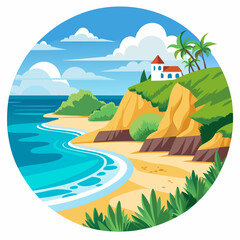 Obraz premium Coastal Landscape with House and Palm Trees