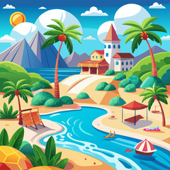 Obraz premium Tropical Island with Beach, Lagoon, and Cottage