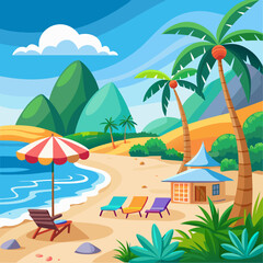 Obraz premium Tropical Beach Scene with Palm Trees, a Hut, and Beach Chairs
