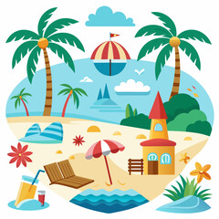 Obraz premium Idyllic Beach Scene with Palm Trees, Beach House, and Sunbathers
