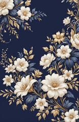 vintage royal navy blue with elegant white and gold flowers pattern