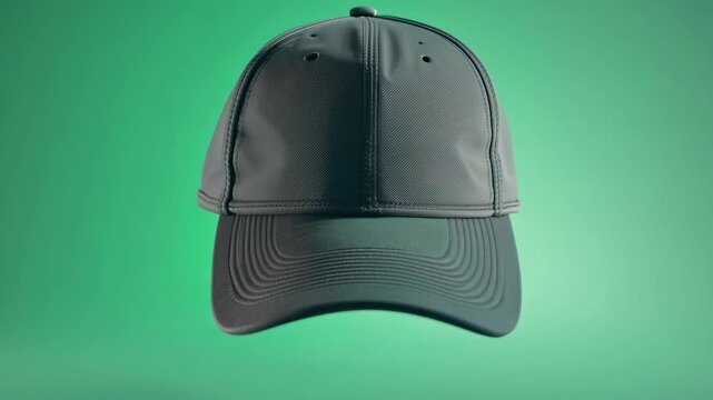 Black cap showcased against a vibrant green background highlighting its design and features in a creative display