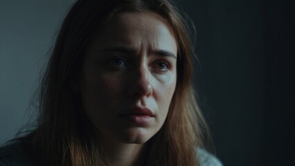 Fototapeta premium Depressed woman sitting alone , sad and worried in the dark and low light environment. Concerned mature woman indoors. Negative emotion and mental health concept
