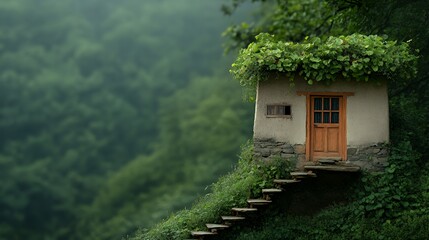 Fototapeta premium A quaint house nestled in lush greenery, blending architecture with nature.
