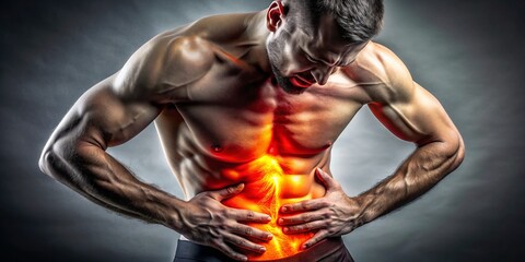 Tormented Abdominal Cramps: Anguished man clutches his aching stomach, vibrant red and orange hues convey intense pain.