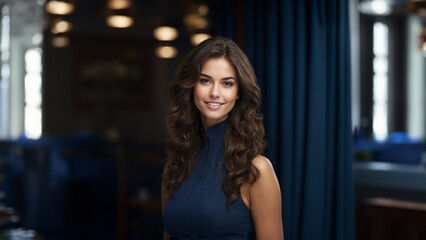 Confident and charismatic American businesswoman with a warm smile and natural beauty. Brunette hair and flawless skin complement her captivating gaze