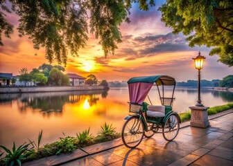 Fototapeta premium Tranquil Riverbank Ride: Pedicab by a serene river, pastel colors, soft lighting, peaceful atmosphere