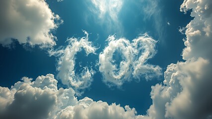 CO2 Cloud Formation - Environmental Awareness, A photorealistic image of fluffy white clouds forming the word "CO2" against a bright blue sky. Evokes environmental awareness.