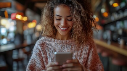 Attractive woman interacting with her smartphone for online transactions, detailed and sophisticated background with clear focus.