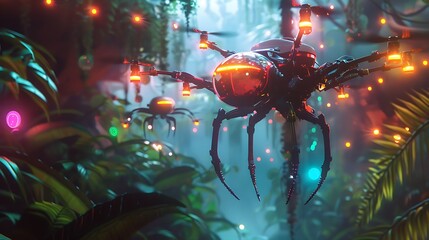 A robotic drone sporting a spider legs floats above a jungle filled by neon bulbs