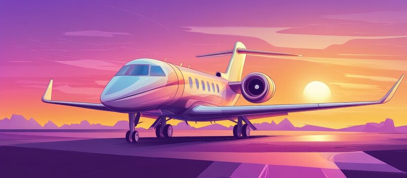 Private jet airplane on sunset concept in cartoon illustration vector