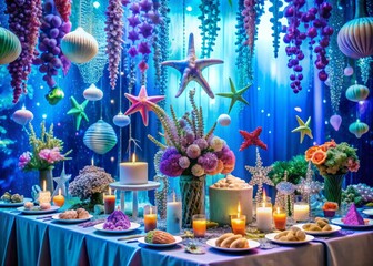 Under the Sea Extravaganza: Shimmering, aquatic, vibrant, ocean-themed decorations