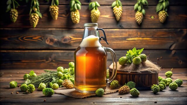 A rustic wooden table showcases a frosted glass growler, surrounded by scattered fresh hops and a few whole cones, evoking a cozy craft brewery atmosphere.