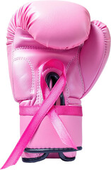 Pink boxing glove with pink Ribbon tie around symbol of fighting to October Breast Cancer Awareness month