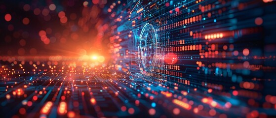 Abstract digital image of intelligence featuring a large brain in blue and red elements with scattered red particles. Dark background adds to the digital vibe.