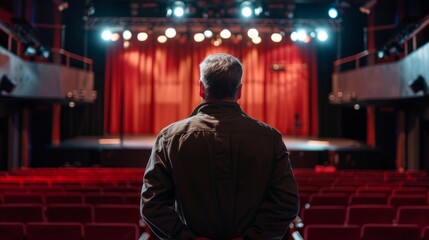 Fototapeta premium A man stands facing a theater stage with red curtains and bright lights. Empty auditorium, curved walls with lighting, and a chair on a platform below the stage.