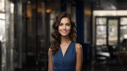 Radiant young American businesswoman with flawless skin and natural beauty. Brunette with neat hair and a warm smile, gazing confidently at camera