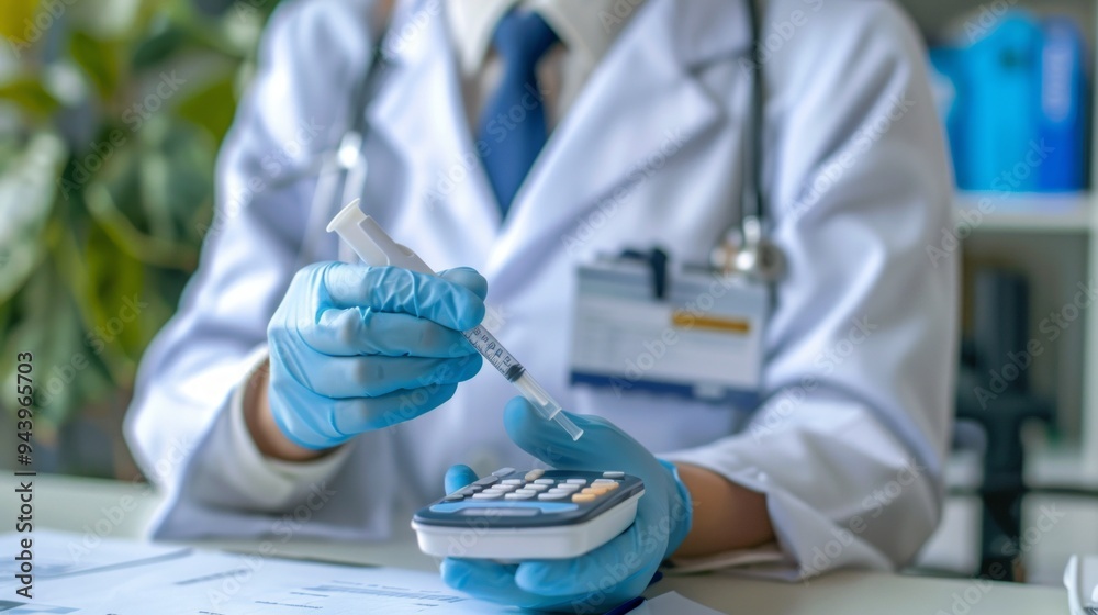 Wall mural A doctor in blue gloves and a white lab coat with a stethoscope is seen at a table, calculating a dosage with a syringe and a calculator nearby.