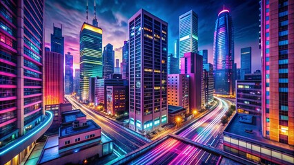 Naklejka premium Urban Landscape: Buildings, streets, neon lights, modern architectural forms
