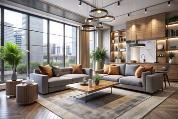 Fototapeta premium Urban Sanctuary Escape: Modern, sleek, urban atmosphere, neutral colors, architectural elements.