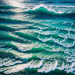 Fototapeta premium Aerial view beautiful of sea waves from drone. Stock image of blue color of ocean water, sea surface, sunset. Top view on turquoise waves, clear water surface texture.
