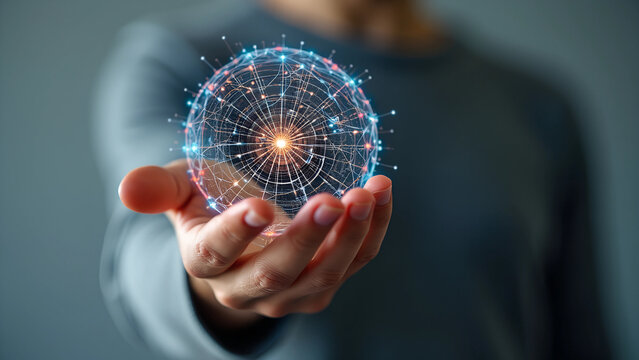 A man holds in his hand a sphere of data, which is connected by colorful lines and looks like an AI network with neural connections, against a gray background, in a close-up shot Generative AI