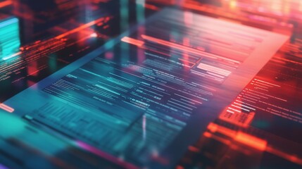 Abstract digital interface with glowing elements, showcasing lines of code and data streams in an immersive tech environment