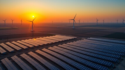Solar & Wind Energy Farm at Sunset, A serene landscape showcasing a sprawling solar farm and wind turbines bathed in the warm glow of a setting sun.