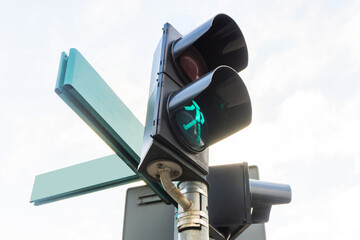Green pedestrian traffic light at a crosswalk Crosswalk safety. Pedestrian crossing semaphore...