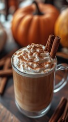 Delicious pumpkin spice latte topped with whipped cream and cinnamon sticks, surrounded by autumn decorations and pumpkins