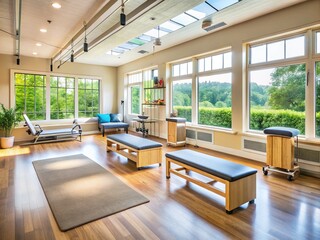 A serene physical therapy room with modern equipment, natural light, and calming colors, evoking a sense of hope and recovery amidst a peaceful atmosphere.