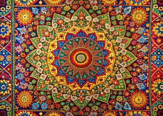 Vibrant Tapestry: kaleidoscopic colors, intricate patterns, lively energy, joyous ambiance.