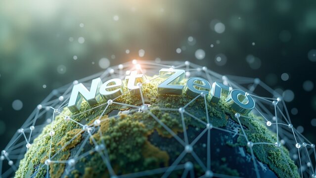  Net Zero Global Network, 3D rendered globe with "Net Zero" prominently displayed in metallic font. Interconnected lines and dots create a network effect, symbolizing global sustainability efforts.