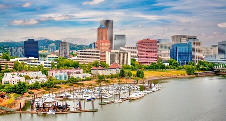 View of downtown Portland and the boat moorage basin